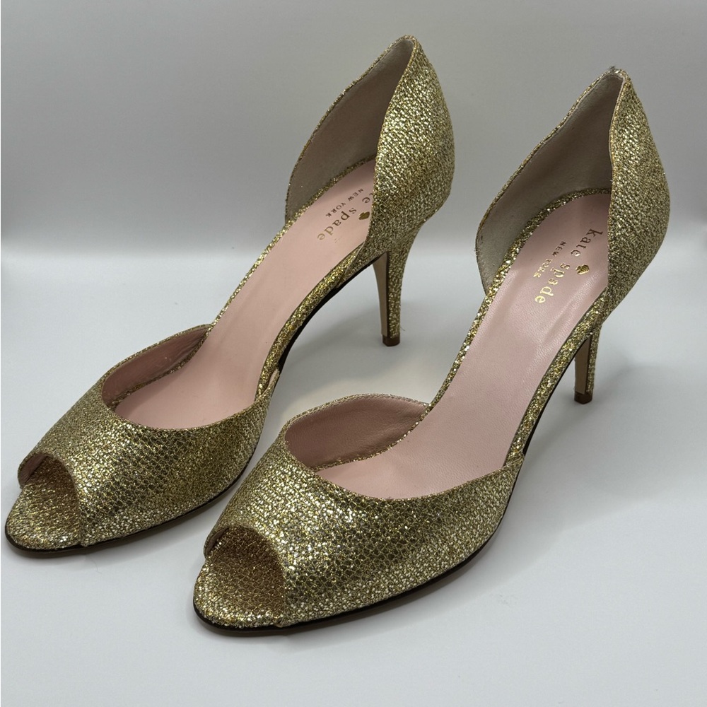 NWOB Kate Spade “Sage” Gold Peep Toe Glitter d’Orsay Pump Sz 9.5B